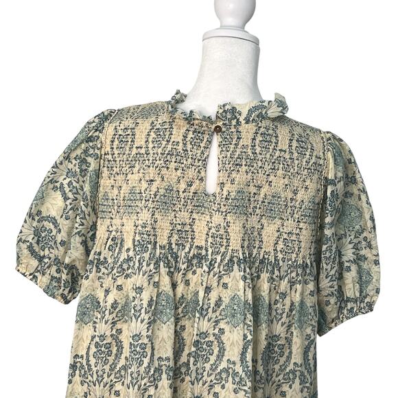 Easel Babydoll Smocked Antique Blue Cream Floral Damask Lace Trim Dress S Boho - Picture 11 of 13